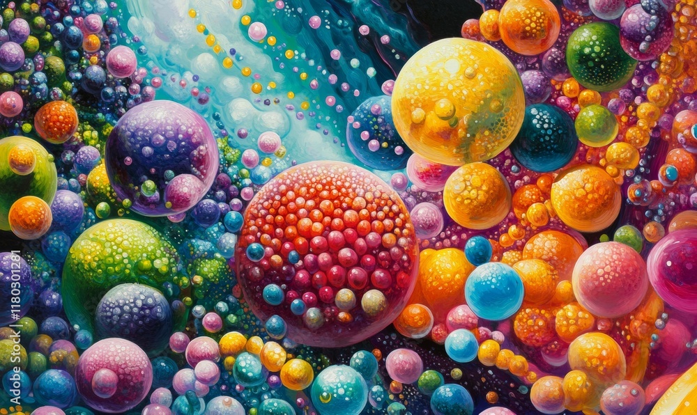 Poster colorful image of a bunch of different colored balls and spheres. the image is abstract and has a pl