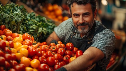 Smiling farmer holding a basket of fresh produce
