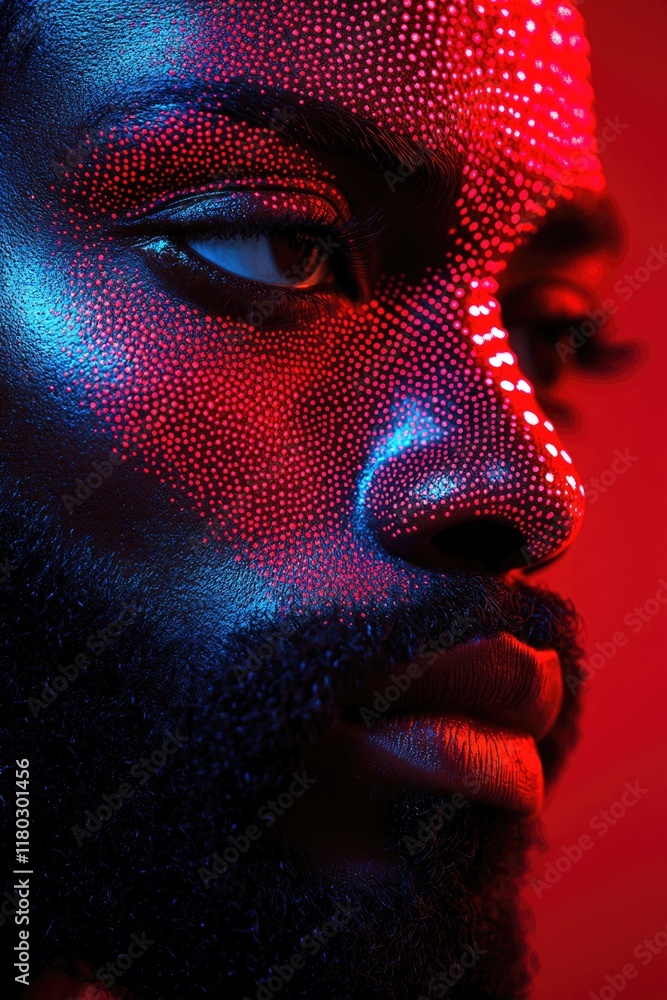 Poster portrait of a person's face on a red background, ideal for use in presentations or as a focal point 