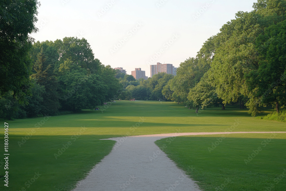 Poster a path in a park with trees and a city in the background