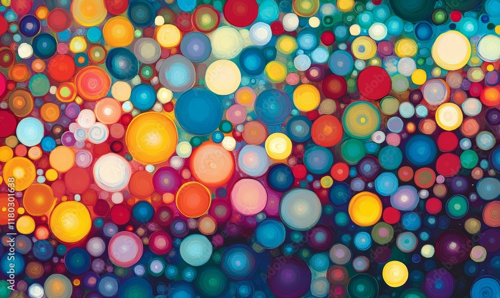Poster colorful image of many small circles. the circles are of different sizes and colors, and they are ar