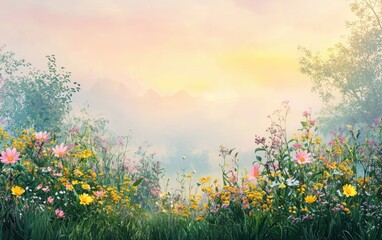 Obraz premium A lush green meadow with colorful wildflowers and a soft pastel gradient sky for a serene spring atmosphere