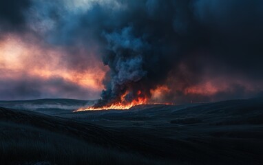 Fototapeta premium A massive wildfire consuming a hillside with thick black smoke covering the horizon