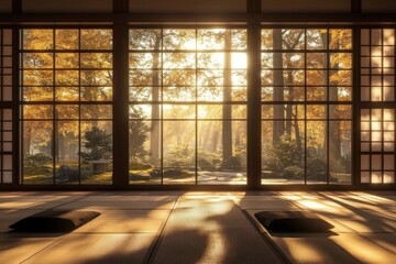 Autumn sun illuminates Japanese zen garden through large windows