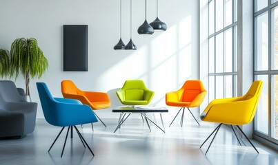 Colorful modern chairs in a bright office setting