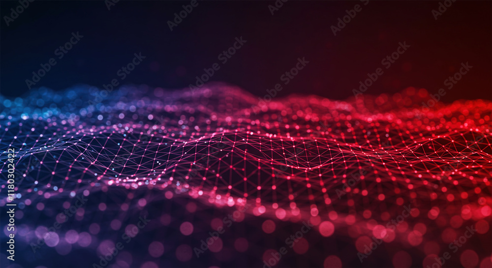 Poster abstract technology low poly or polygonal background from lines, dots and glowing particles with red