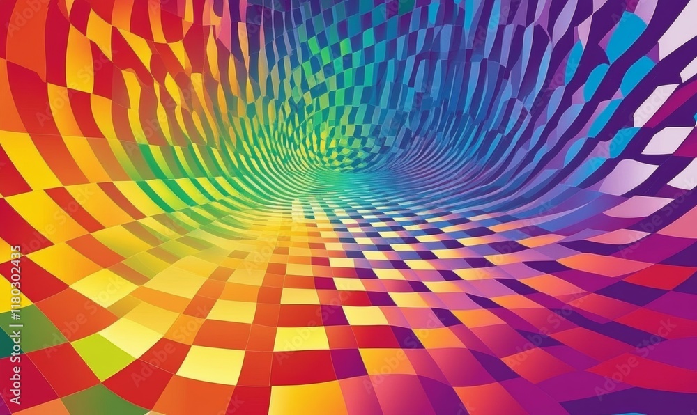 Poster colorful pattern of squares with a rainbow background.