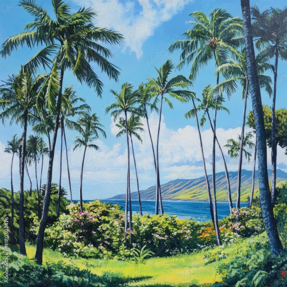 Poster a serene tropical setting featuring palm trees and lush vegetation