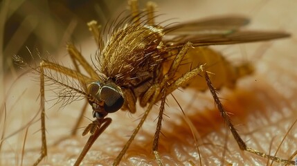 Fototapeta premium Aedes aegypti mosquito on human skin risks of zika, dengue, chikungunya, mayaro, and yellow fever
