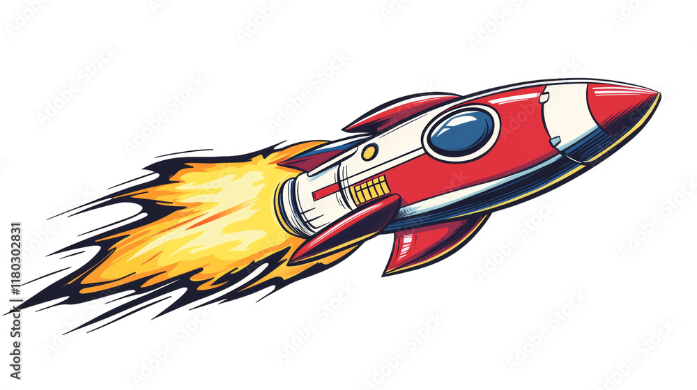 Poster a stylized retro rocket ship is depicted in flight leaving a fiery trail behind it.