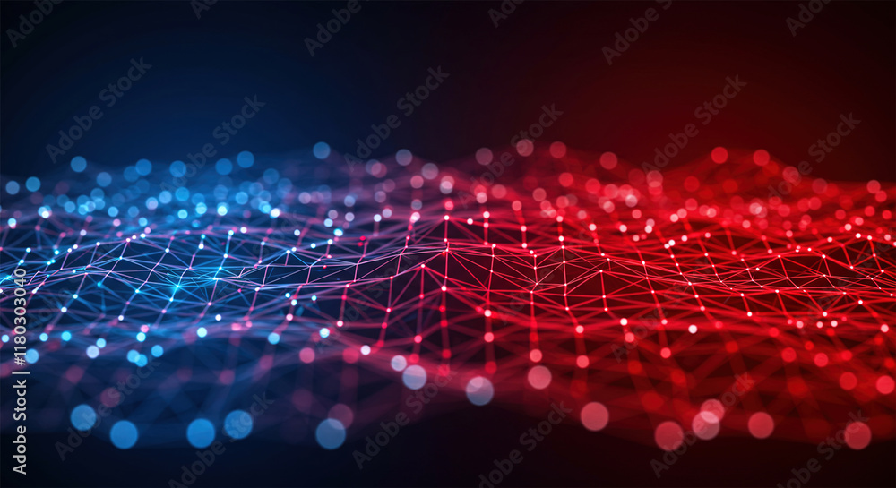 Aufkleber abstract technology low poly or polygonal background from lines, dots and glowing particles with red