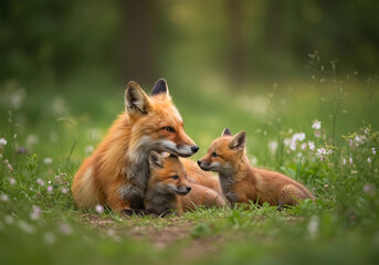 Obraz premium Red fox with cub in natural habitat