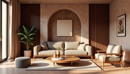 Art deco interior japandi living room with a sofa, chair, and coffee table, along with a potted plant and a framed picture on the wall.