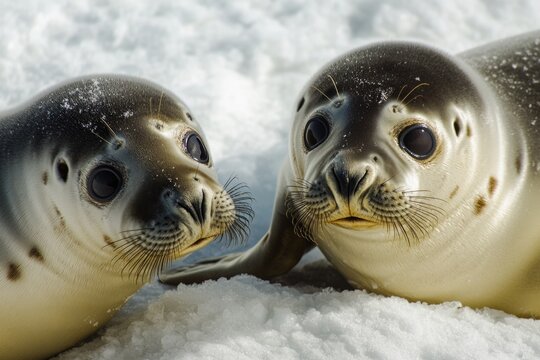 Two seals resting on snow-covered terrain