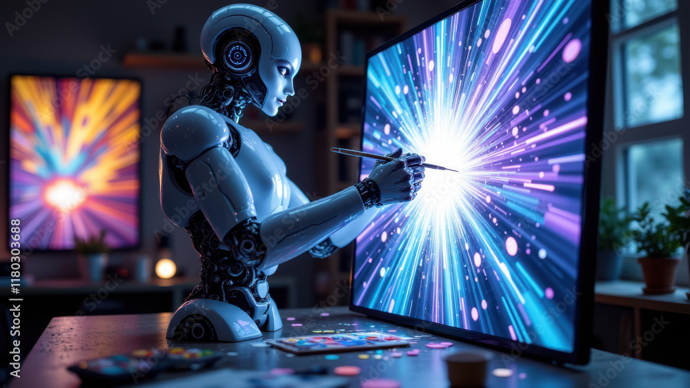 Poster robotic arm engaged with computer screen showcasing space theme graphics.