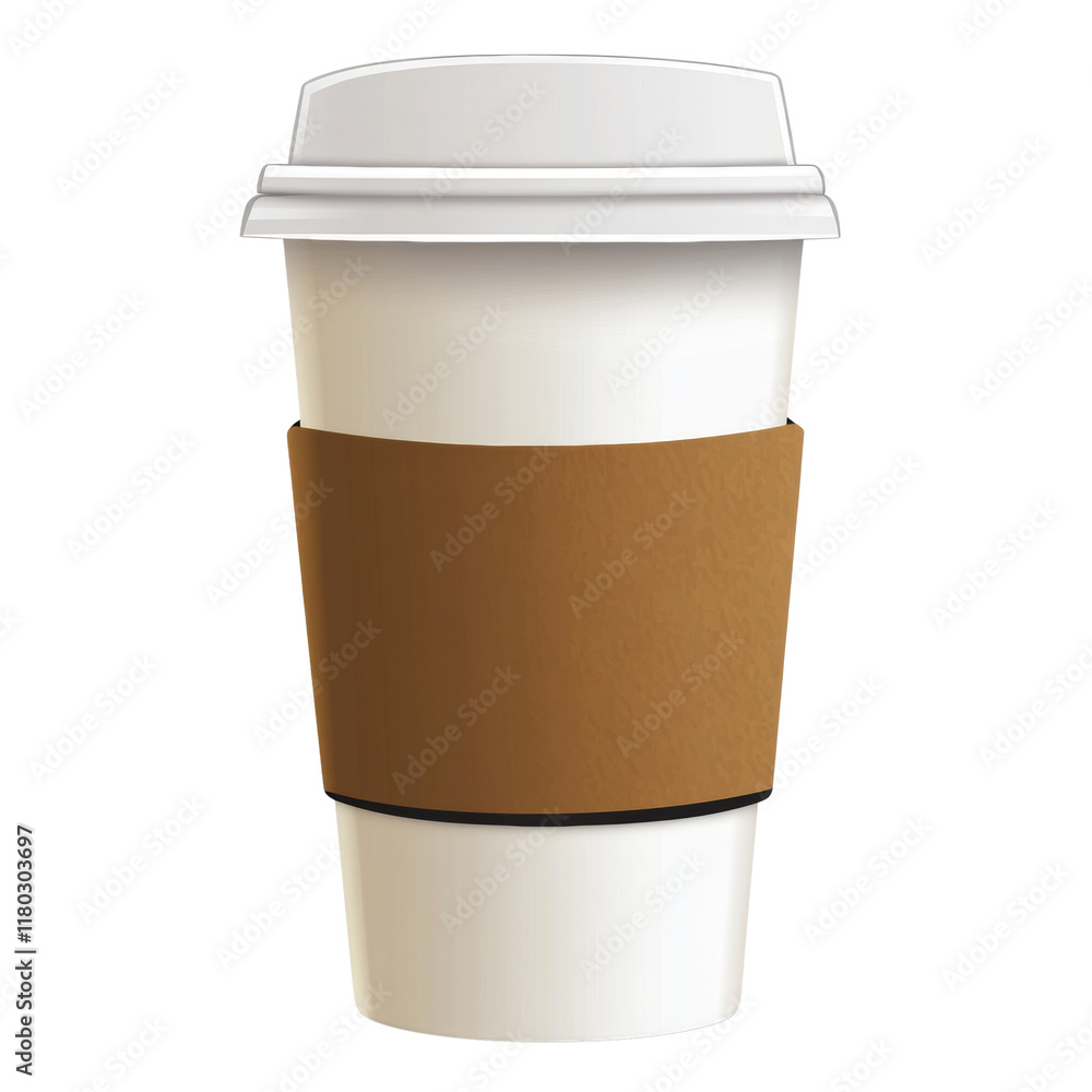 Poster The image shows a realistic rendering of a white disposable coffee cup with a brown cardboard sleeve and white lid.