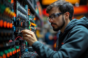 A focused individual adjusting electronic components in a technical setting.