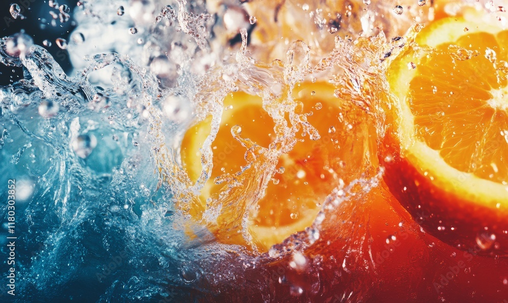 Poster colorful splash of fresh orange juice, captured in a close-up shot with vivid slices and droplets cr