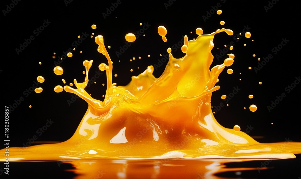 Poster colorful splash of fresh orange juice, captured in a close-up shot with vivid slices and droplets cr