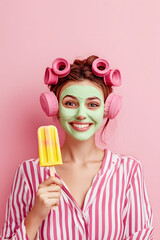 A cheerful young woman with pink hair curlers and facial decorations smiles brightly while holding colorful popsicles, dressed in striped pajamas, set against a vibrant pink background.
