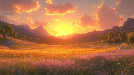 Obraz premium Sunset over floral field in mountains, sky with clouds for peaceful scene.