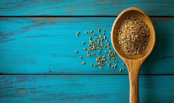 Close-up of a wooden spoon with ground cumin seeds, over a blue wooden surface.