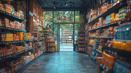 Fototapeta premium Grocery store aisle with shelves of products