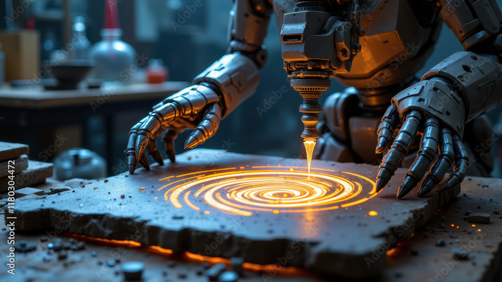 Poster advanced ai robot interacting with machinery in a workshop environment.