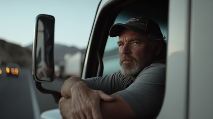 A trucker pauses thoughtfully outside his vehicle on a long, open road, embodying the solitude and determination of life on the road.