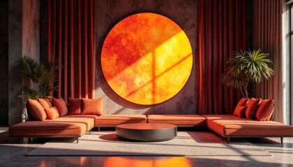 Modern art deco interior japandi living room with a large circular wall art piece depicting a sun.