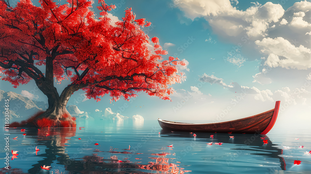 Poster boat is floating on a lake with a tree in the foreground.