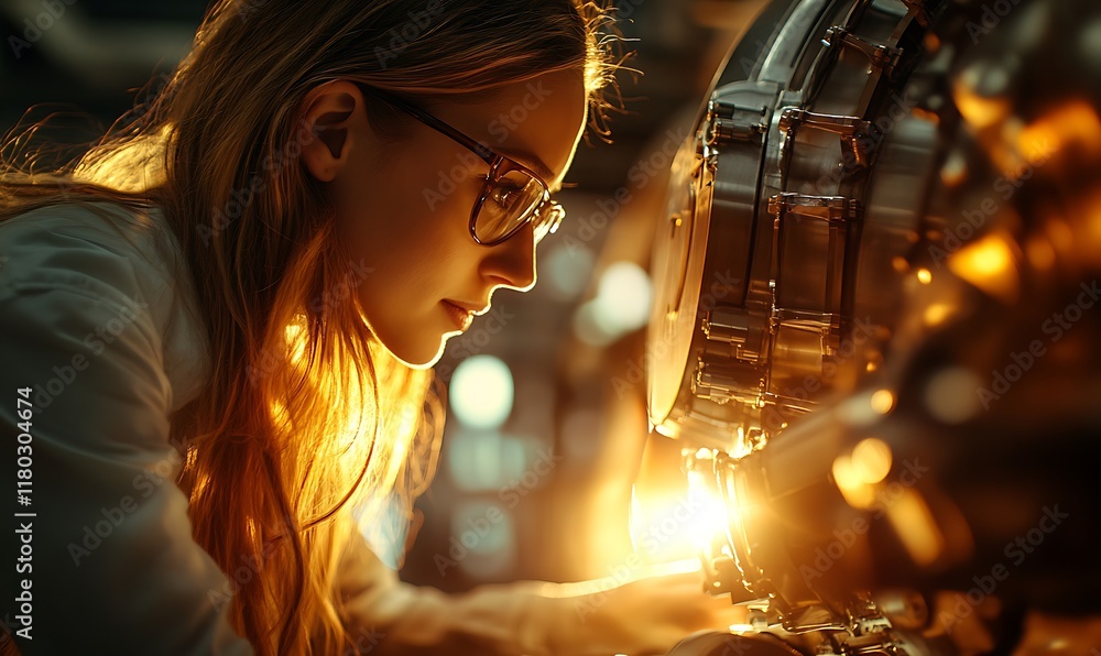 Poster a focused individual working on a complex machine in a dimly lit environment.