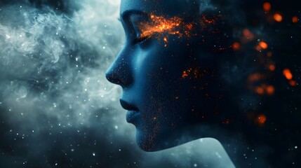 A surreal profile of a human face blending into cosmic elements, with glowing fiery neurons. human thought, imagination, and the vastness of the cosmos, creativity, and the mysteries of the human mind