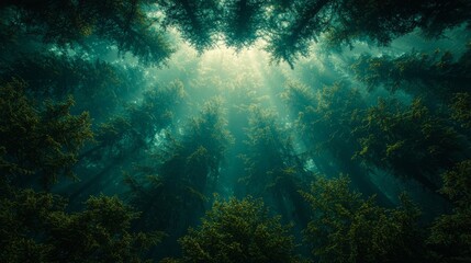 Fototapeta premium Mystical forest canopy with sunlight rays