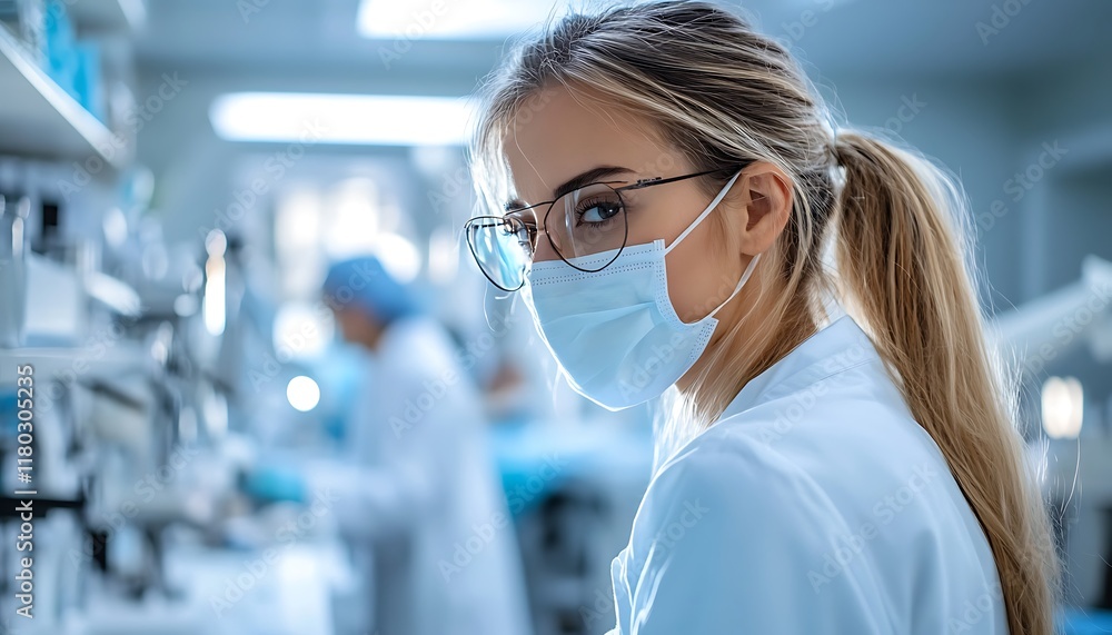 Aufkleber a focused professional in a lab coat and mask working in a laboratory setting.