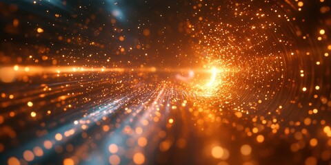 Fototapeta premium A Captivating Abstract Visualization of Vibrant Golden Particles Creating a Cosmic Tunnel Effect with a Sense of Motion and Light