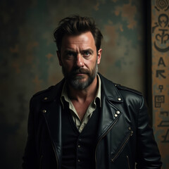 Obraz premium a mysterious man with an aged, worn face, adorned with a trimmed beard and piercing green eyes that seem to hold secrets