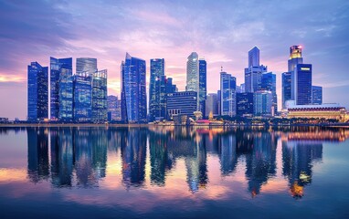 Fototapeta premium A vibrant city skyline at dusk with reflections in a calm river, showcasing modern architecture