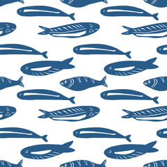 Fish seamless pattern in print block style. Linocut illustration of nautical ocean fish group on white background. Hand drawn illustration