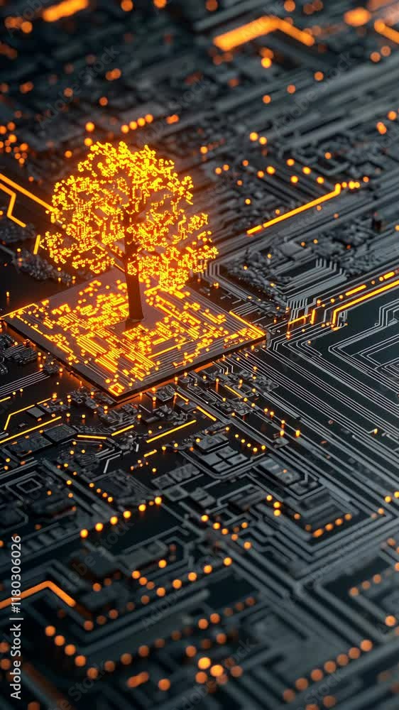 Poster digital tree emerging from a circuit board symbolizes technology and nature fusion in a futuristic l