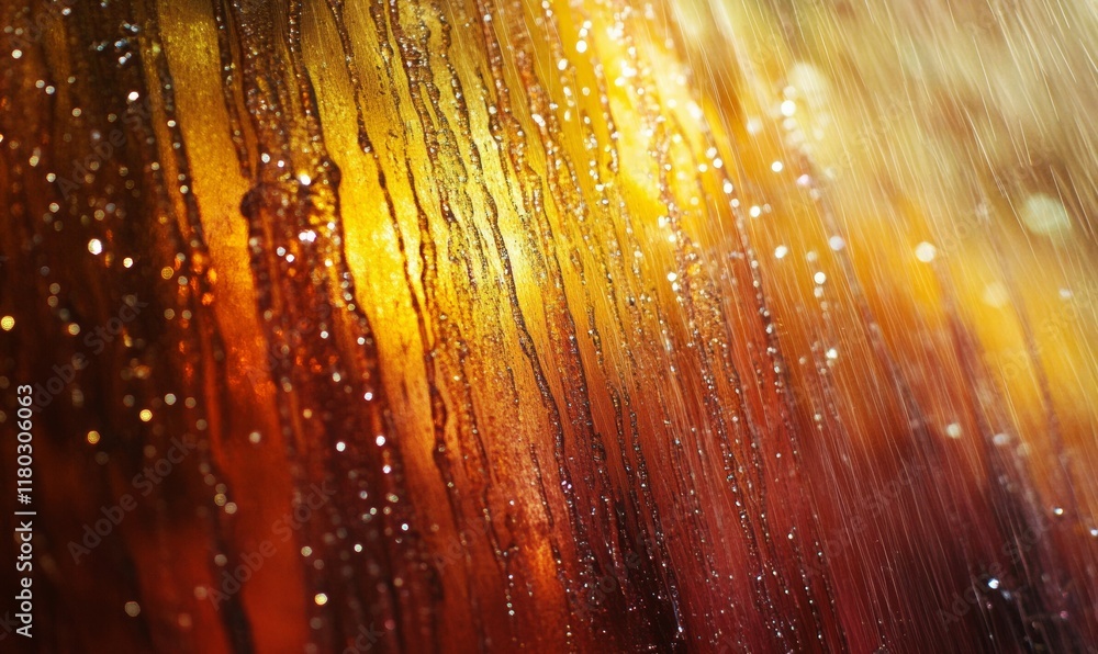 Poster close-up of rainfall on a shower curtain creating an abstract effect with light reflections.