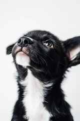 Small black and white dog looking up