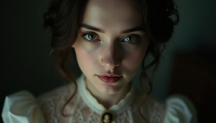 Fototapeta premium a young woman in her early twenties with a soft and innocent expression, exuding a sense of Victorian elegance