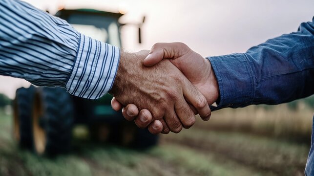 Two men shake hands in front of a tractor - Powered by Adobe