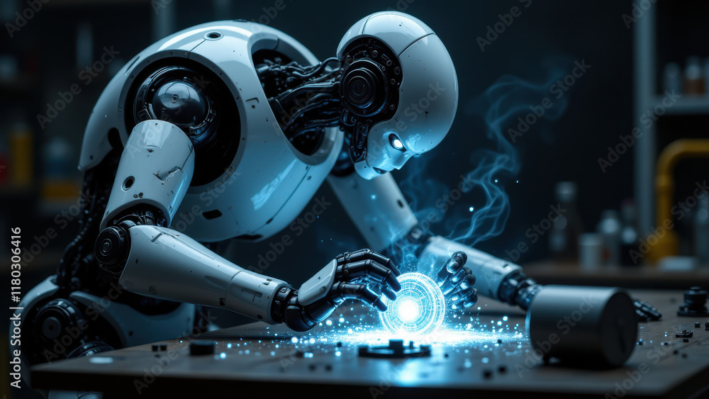 Poster futuristic robot in lab environment with glowing blue elements.