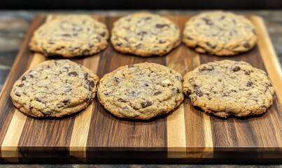 Close-up photo of six homemade chocolate chip cookies arranged on a wooden cutting board, ready to be served or sold.
