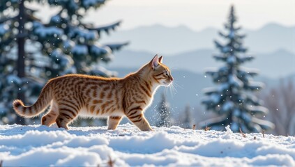 Obraz premium Ginger tabby cat walking on snow in winter wonderland