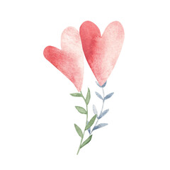 Valentine's day or Wedding Composition. Blooming Hearts couple. Symbol of love and romance. Watercolor painting. Hand drawn illustration isolated on a white background. For cards, invitations and
