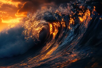 Fiery ocean wave sunset dramatic backdrop design