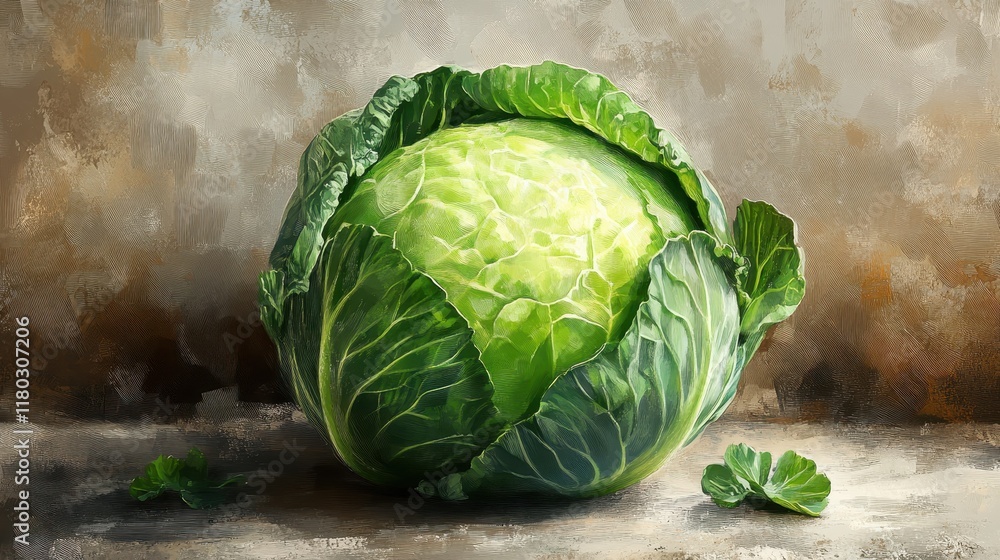 Wall mural Close-Up of Fresh Green Cabbage with Textured Leaves on Rustic Background in a Still Life Composition Representing Natural and Healthy Food Choices